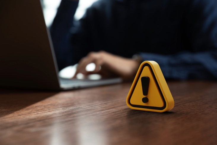 Warning sign on table in front of businessman